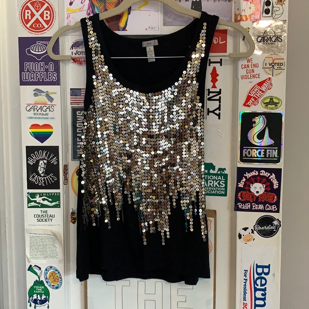 Black top with silver and gold sequins